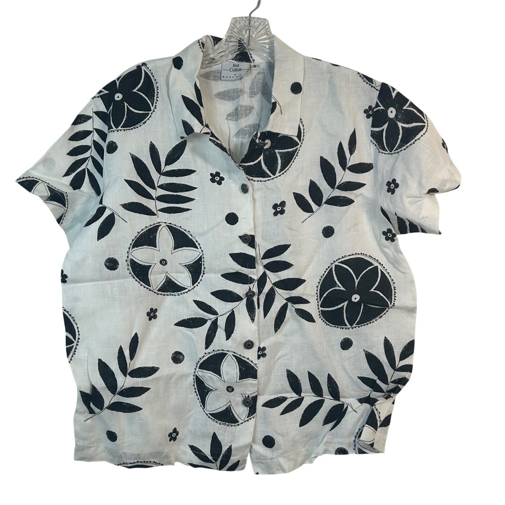 Hot Cotton by Marc Ware Womens Small White Black Floral Linen Blend Button Top